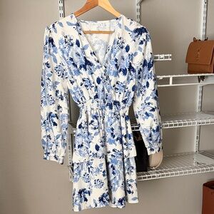 Blue Floral Print Women's Wrap Dress